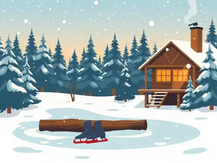 Winter Wonderland WeWard card chapter picture: snowy forest, frozen lake with skaters, cosy cabin
