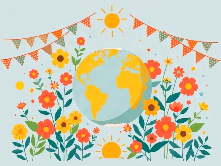 Women of the World WeWard card chapter picture: a globe surrounded by flowers and colourful bunting