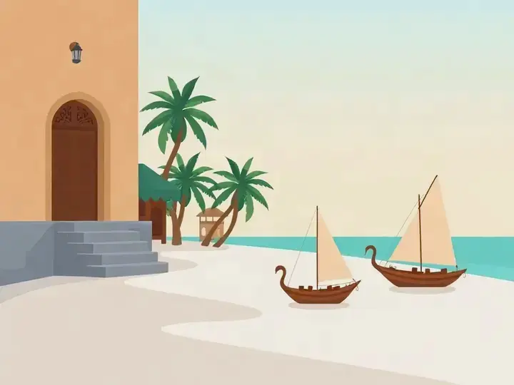 Zanzibar WeWard card chapter picture: white sand beach with dhow sailing boats, stone town doors, palms