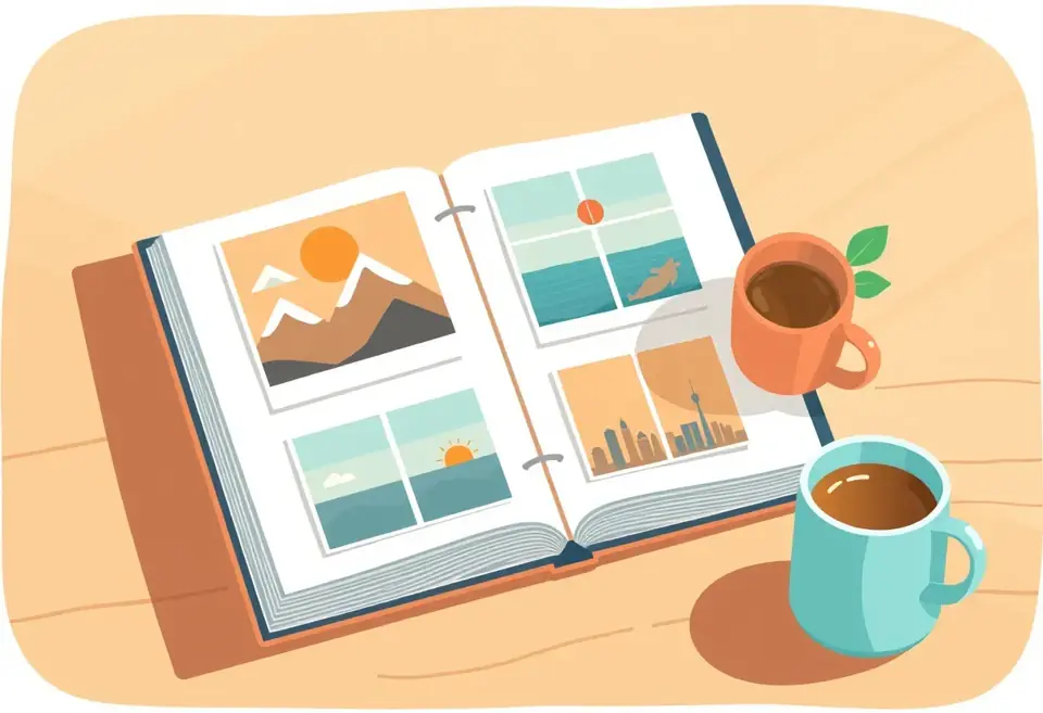 Illustration: an open card binder next to two mugs of tea